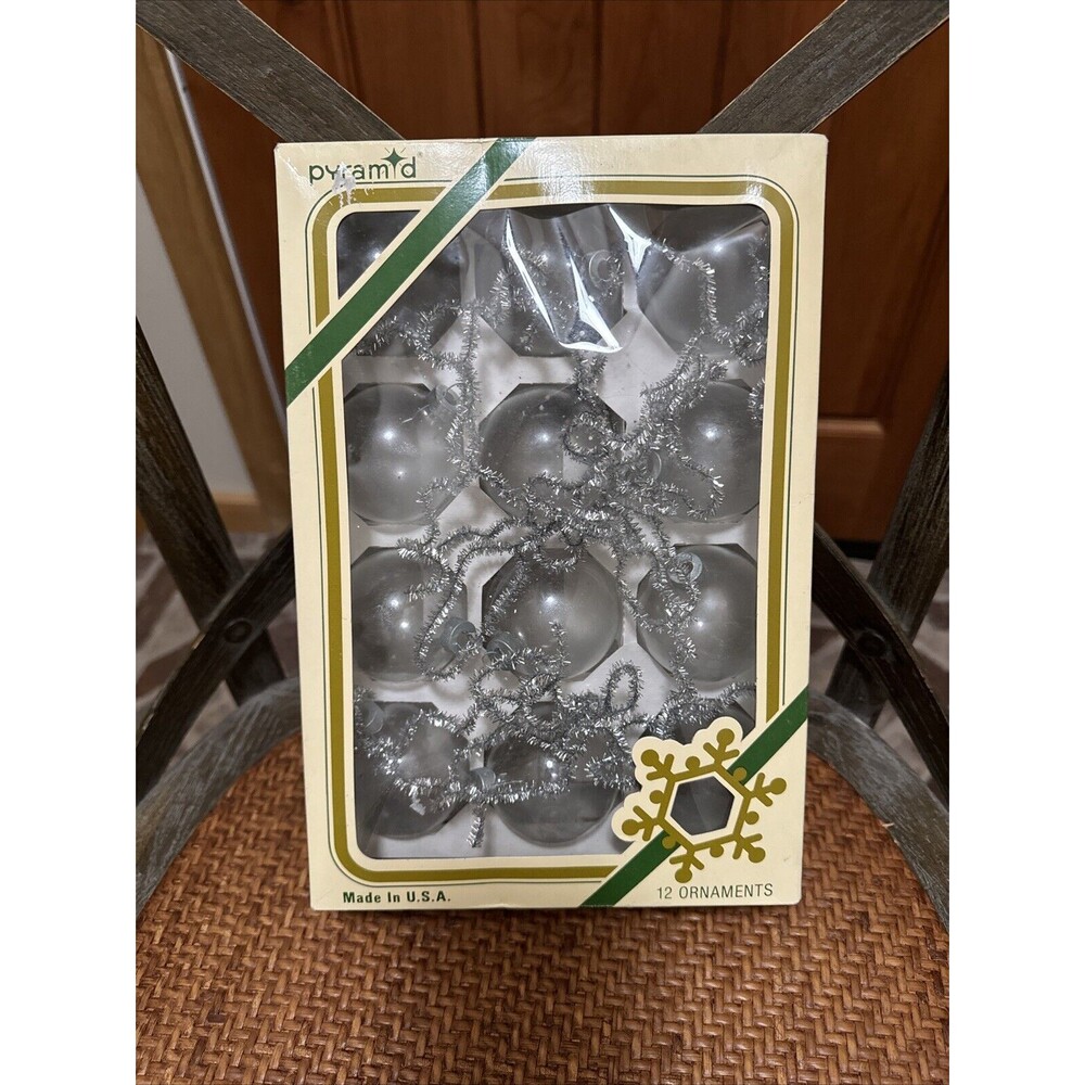 Vintage Pyramid Glass Ornaments Box ( 2.25") - 12  Clear Ball‎ Ornaments